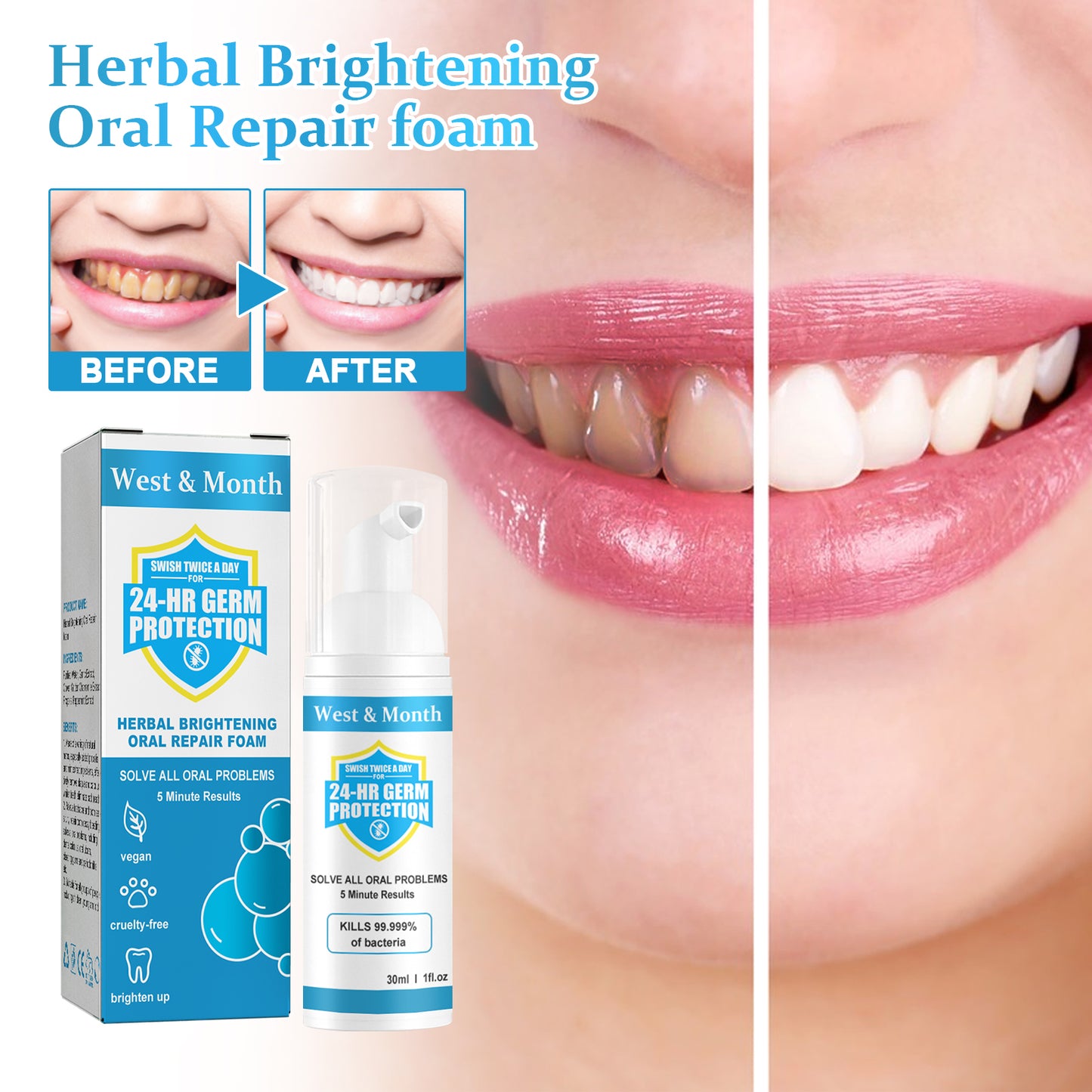 Herbal Brightening Oral Repair Foam, Clean Bad Breath And Teeth Stains With White Teeth Foam
