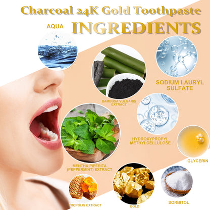 Charcoal 24k Gold Toothpaste, Deep Clean Stained Teeth Yellow Care Mouth Fresh Breath White Beautiful Teeth