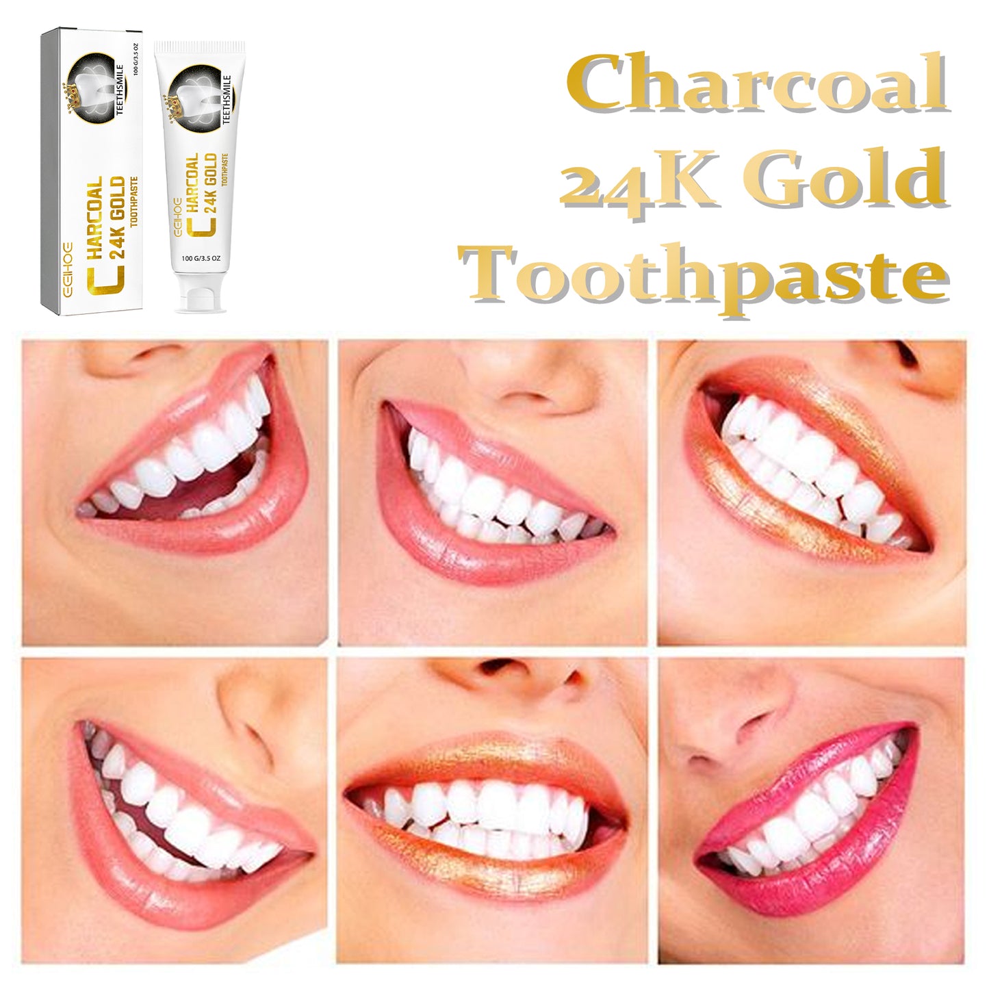Charcoal 24k Gold Toothpaste, Deep Clean Stained Teeth Yellow Care Mouth Fresh Breath White Beautiful Teeth