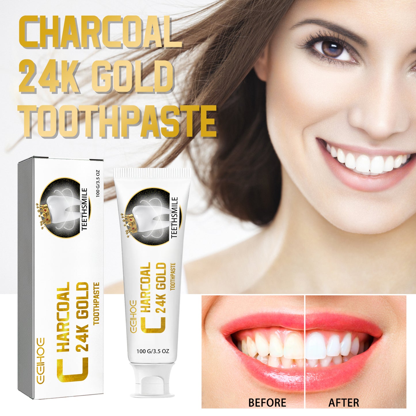 Charcoal 24k Gold Toothpaste, Deep Clean Stained Teeth Yellow Care Mouth Fresh Breath White Beautiful Teeth
